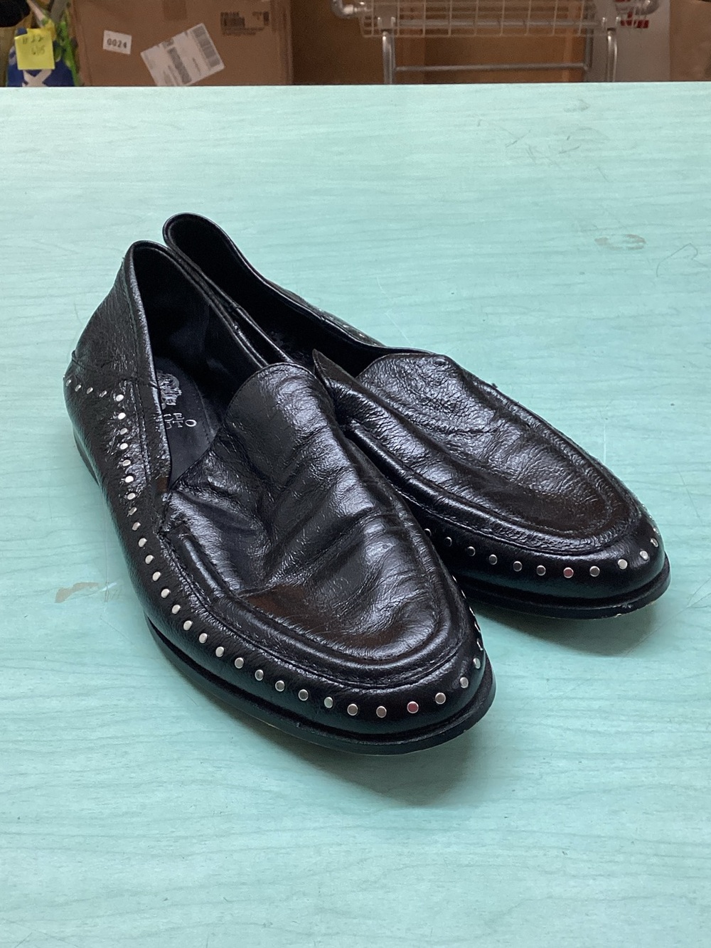 Vince Camuto Black Leather Studded Slip-On Loafers